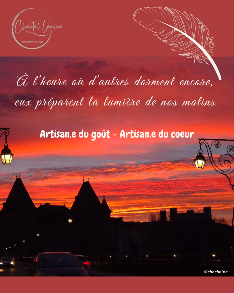 Photo d’un lever ou coucher de soleil sur un paysage champêtre avec une citation sur les artisans du goût.